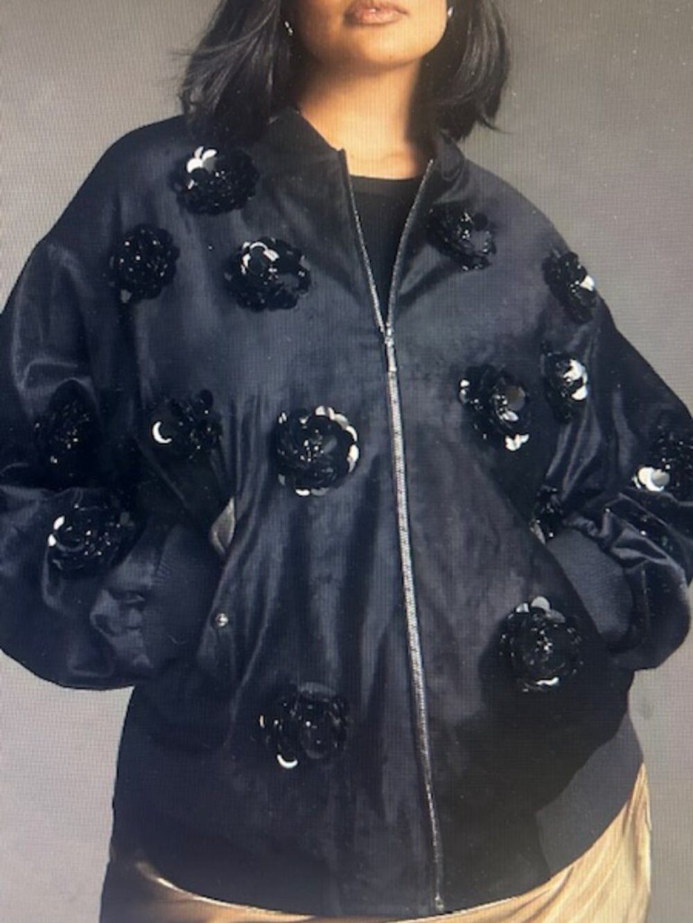 Eva Franco Plush Black Velvet Floral Embroidered Lined Zip Bomber Jacket NWT